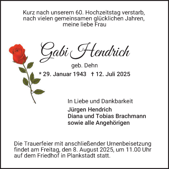Traueranzeige von Gabi Hendrich von Schwetzinger Zeitung
