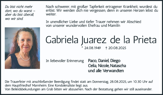 Traueranzeige von Gabriela Juarez de la Prieta von Mannheimer Morgen