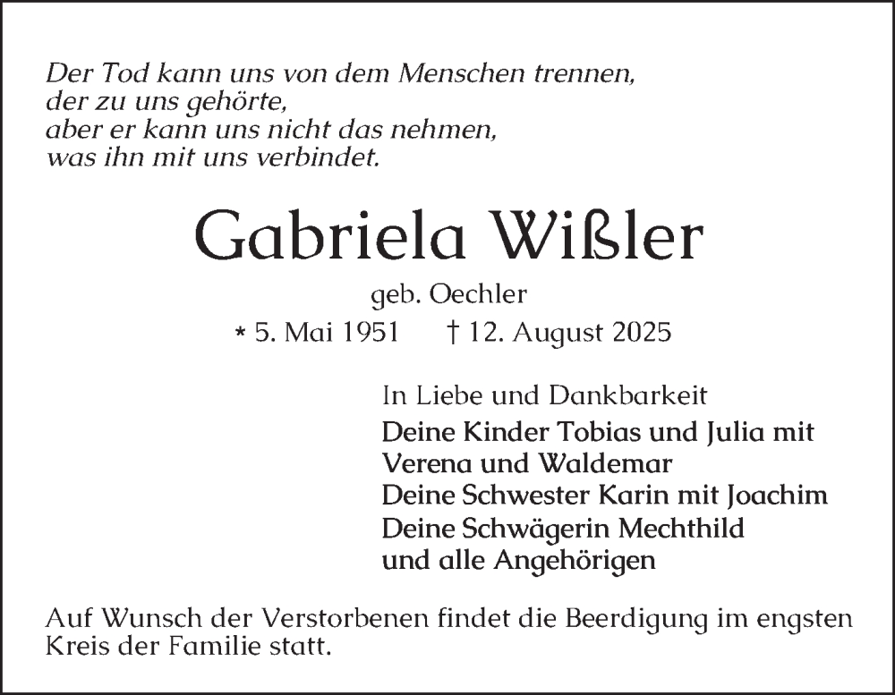  Traueranzeige für Gabriela Wißler vom 21.08.2025 aus Mannheimer Morgen