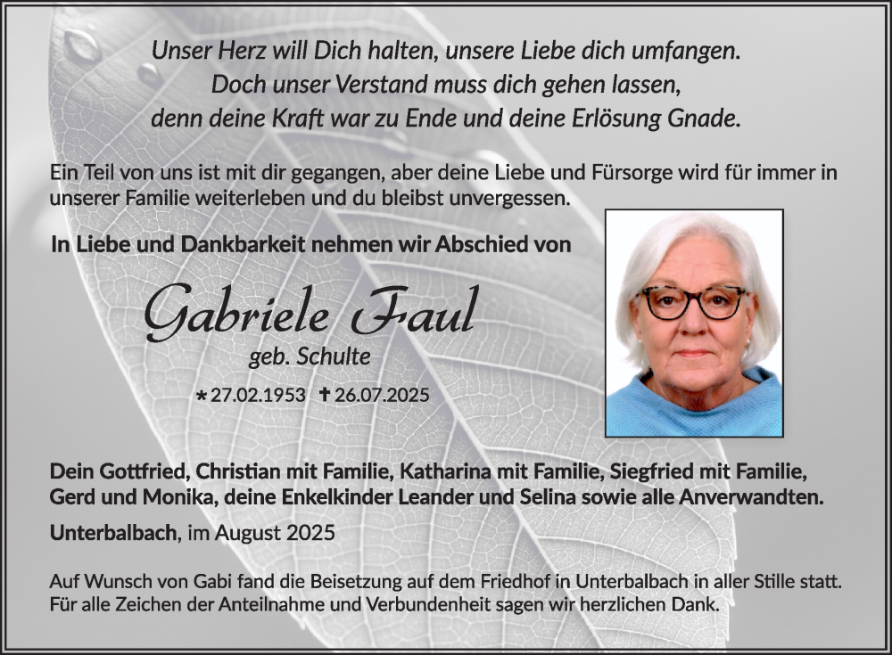  Traueranzeige für Gabriele Faul vom 13.08.2025 aus Fränkische Nachrichten
