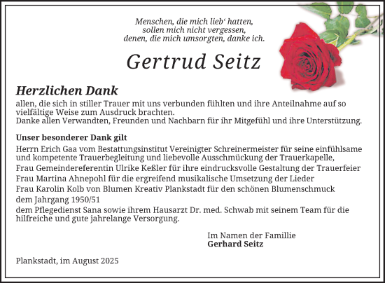 Traueranzeige von Gertrud Seitz von Schwetzinger Zeitung