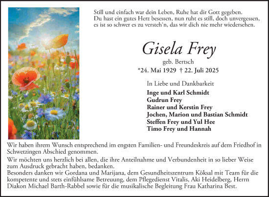 Traueranzeige von Gisela Frey von Schwetzinger Zeitung