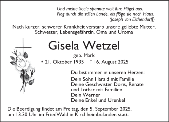 Traueranzeige von Gisela Wetzel von Mannheimer Morgen