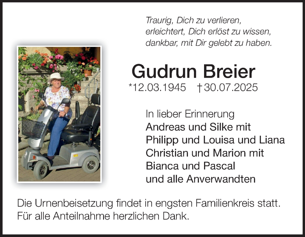  Traueranzeige für Gudrun Breier vom 09.08.2025 aus Fränkische Nachrichten