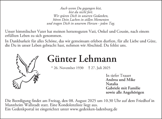 Traueranzeige von Günter Lehmann von Mannheimer Morgen