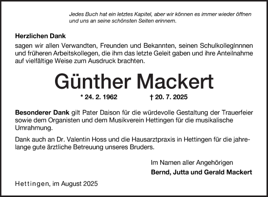 Traueranzeige von Günther Mackert von Fränkische Nachrichten