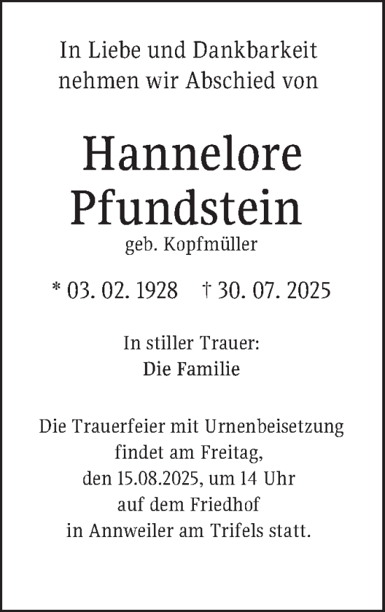 Traueranzeige von Hannelore Pfundstein von Fränkische Nachrichten