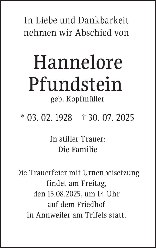  Traueranzeige für Hannelore Pfundstein vom 09.08.2025 aus Fränkische Nachrichten