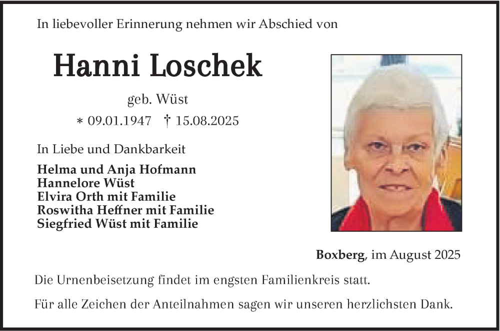  Traueranzeige für Hanni Loschek vom 21.08.2025 aus Fränkische Nachrichten