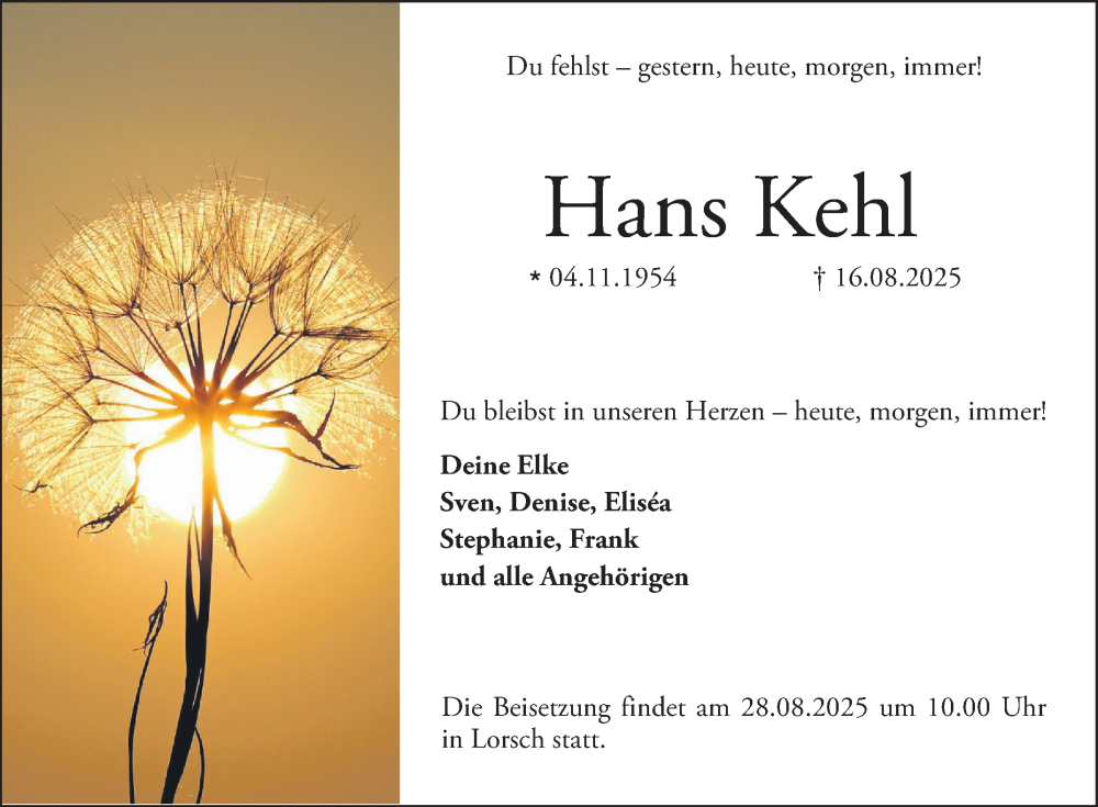  Traueranzeige für Hans Kehl vom 23.08.2025 aus Bergsträßer Anzeiger