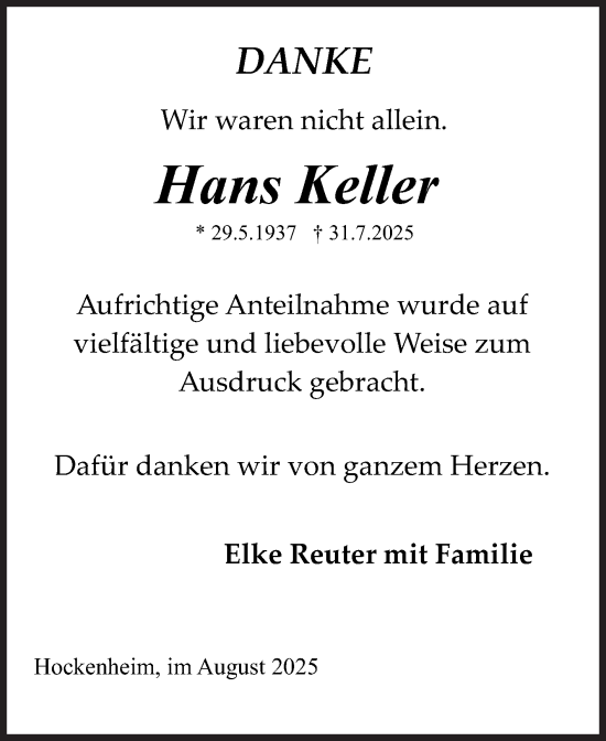 Traueranzeige von Hans Keller von Schwetzinger Zeitung