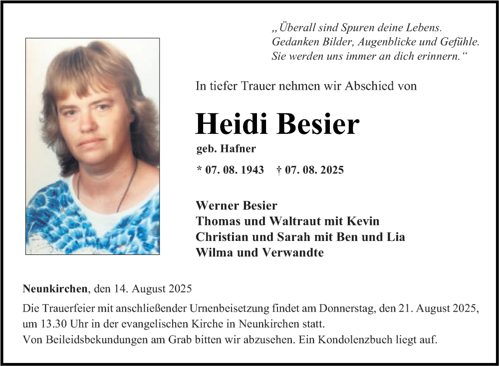  Traueranzeige für Heidi Besier vom 14.08.2025 aus Fränkische Nachrichten