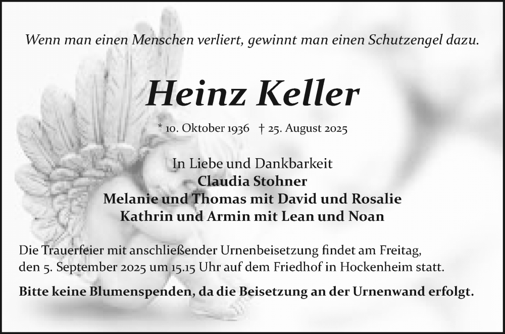 Traueranzeige für Heinz Keller vom 30.08.2025 aus Schwetzinger Zeitung