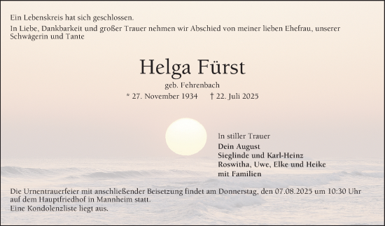 Traueranzeige von Helga Fürst von Mannheimer Morgen