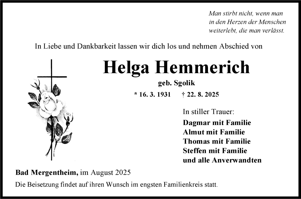  Traueranzeige für Helga Hemmerich vom 29.08.2025 aus Fränkische Nachrichten
