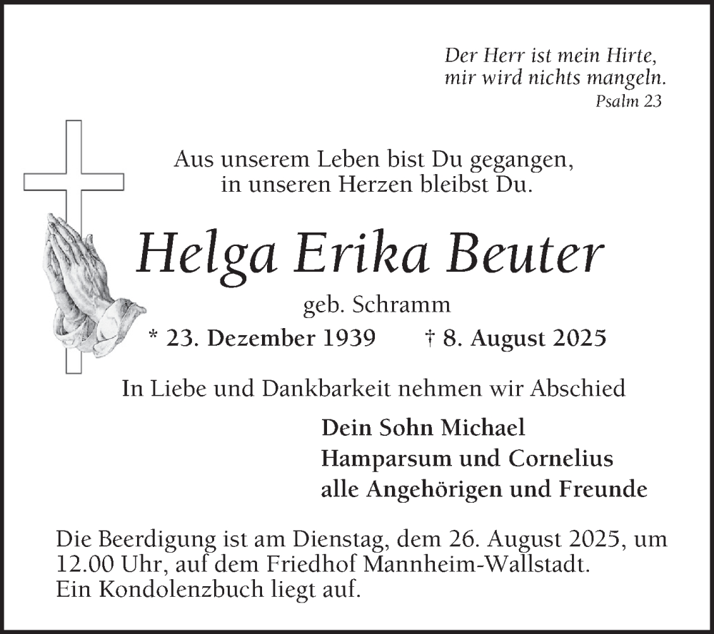  Traueranzeige für Helga Erika Beuter vom 16.08.2025 aus Mannheimer Morgen
