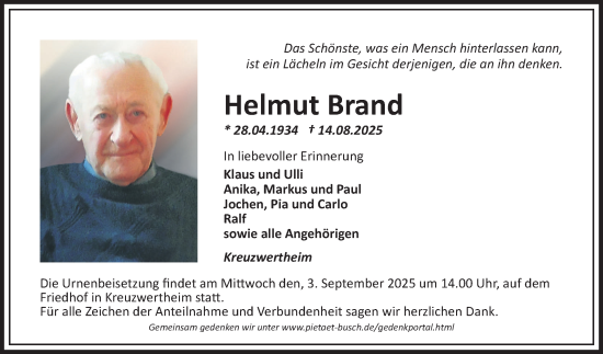 Traueranzeige von Helmut Brand von Fränkische Nachrichten