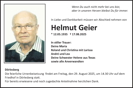 Traueranzeige von Helmut Geier von Fränkische Nachrichten