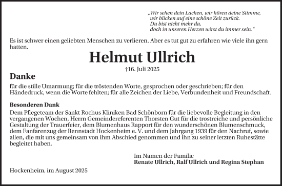 Traueranzeige von Helmut Ullrich von Schwetzinger Zeitung