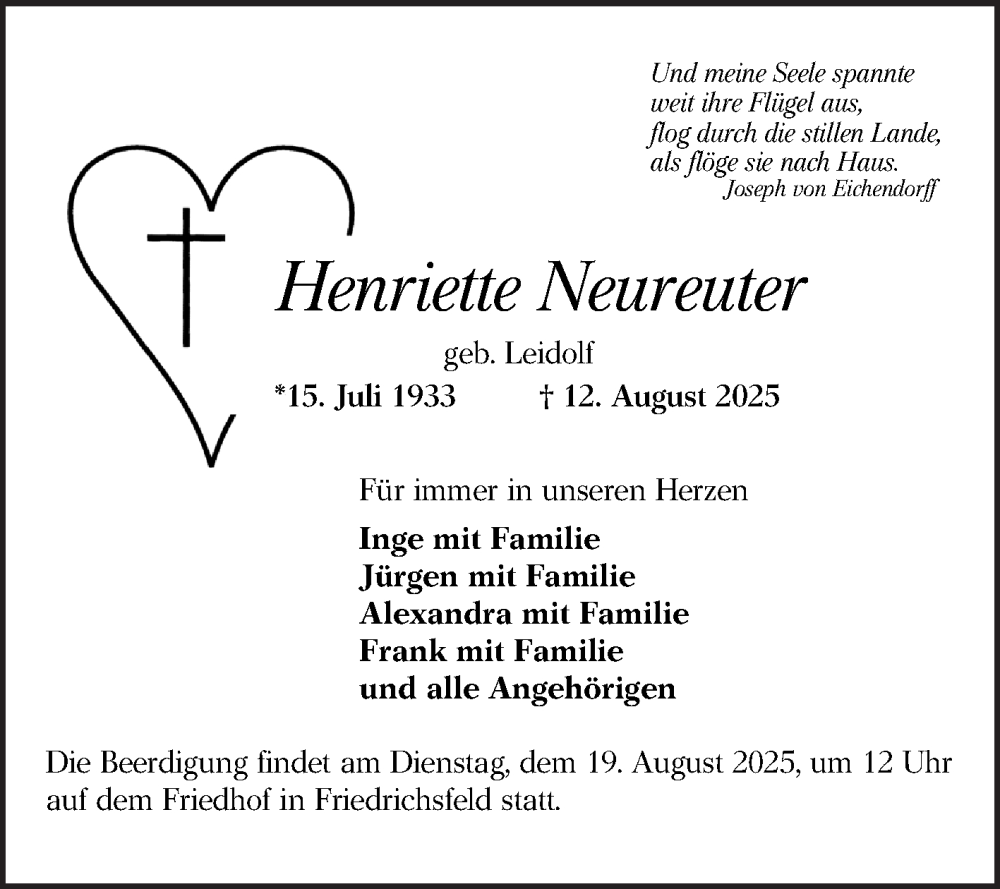  Traueranzeige für Henriette Neureuter vom 16.08.2025 aus Mannheimer Morgen