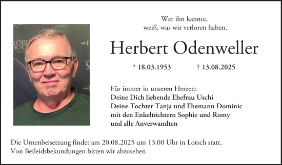 Traueranzeige von Herbert Odenweller von Bergsträßer Anzeiger