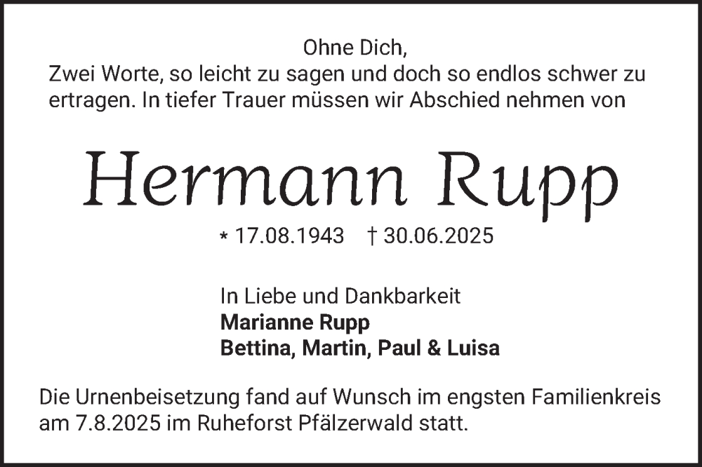  Traueranzeige für Hermann Rupp vom 09.08.2025 aus Mannheimer Morgen