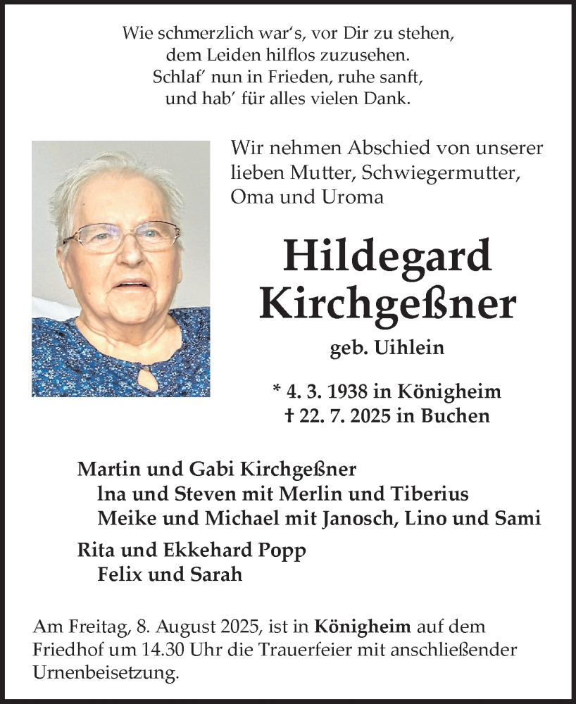  Traueranzeige für Hildegard Kirchgeßner vom 02.08.2025 aus Fränkische Nachrichten