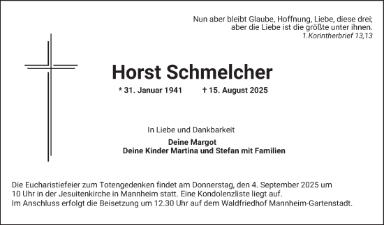 Traueranzeige von Horst Schmelcher von Mannheimer Morgen