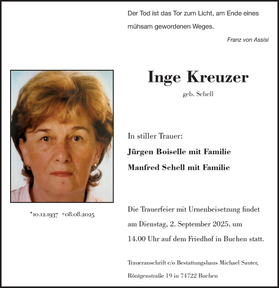 Traueranzeige von Inge Kreuzer von Fränkische Nachrichten