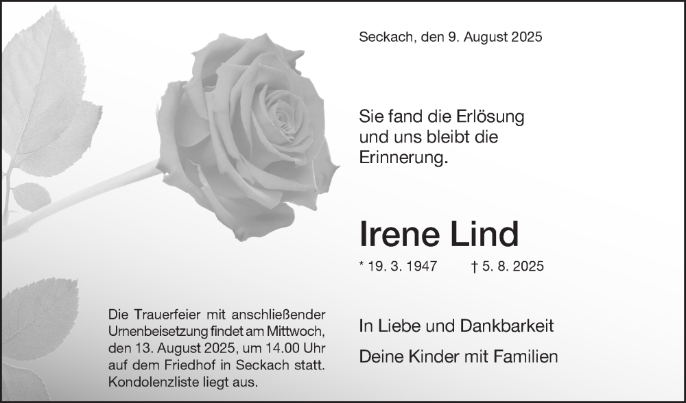  Traueranzeige für Irene Lind vom 09.08.2025 aus Fränkische Nachrichten