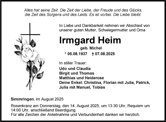 Traueranzeige von Irmgard Heim von Fränkische Nachrichten