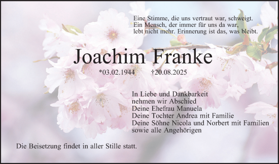 Traueranzeige von Joachim Franke von Mannheimer Morgen