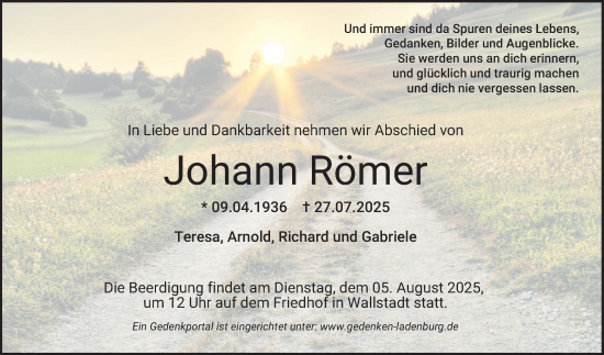 Traueranzeige von Johann Römer von Mannheimer Morgen
