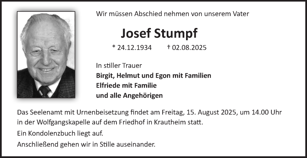  Traueranzeige für Josef Stumpf vom 09.08.2025 aus Fränkische Nachrichten