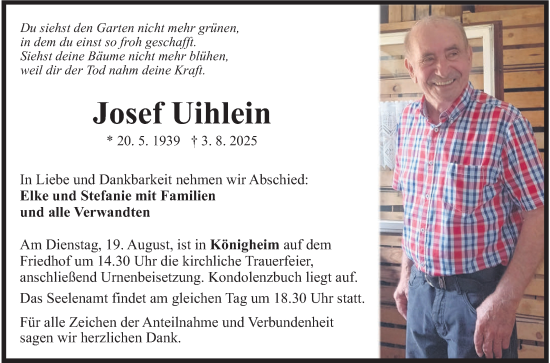 Traueranzeige von Josef Uihlein von Fränkische Nachrichten
