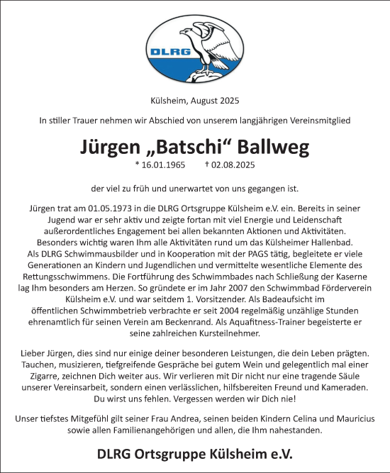 Traueranzeige von Jürgen Ballweg von Fränkische Nachrichten