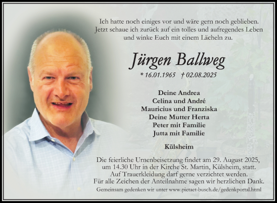 Traueranzeige von Jürgen Ballweg von Fränkische Nachrichten