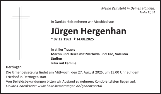 Traueranzeige von Jürgen Hergenhan von Fränkische Nachrichten