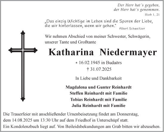 Traueranzeige von Katharina Niedermayer von Fränkische Nachrichten