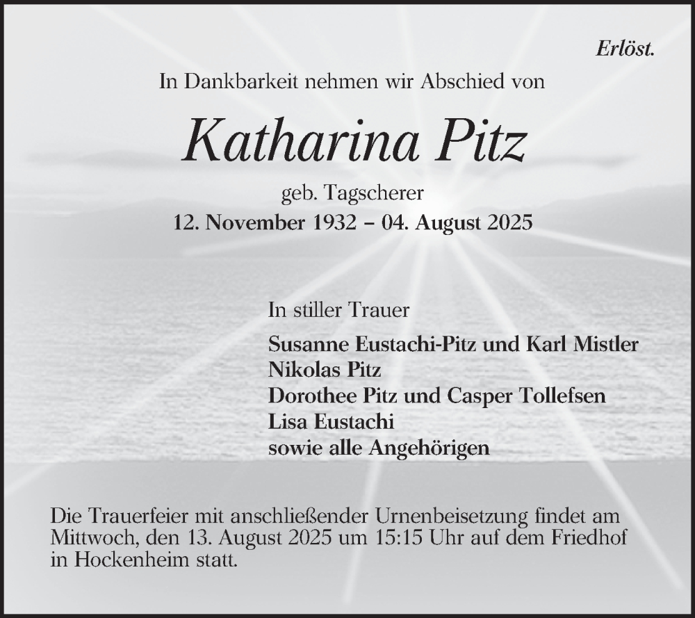  Traueranzeige für Katharina Pitz vom 09.08.2025 aus Schwetzinger Zeitung