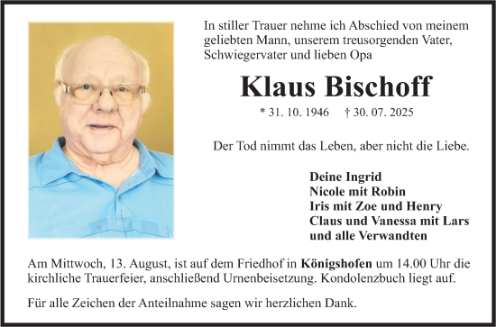 Traueranzeige von Klaus Bischoff von Fränkische Nachrichten