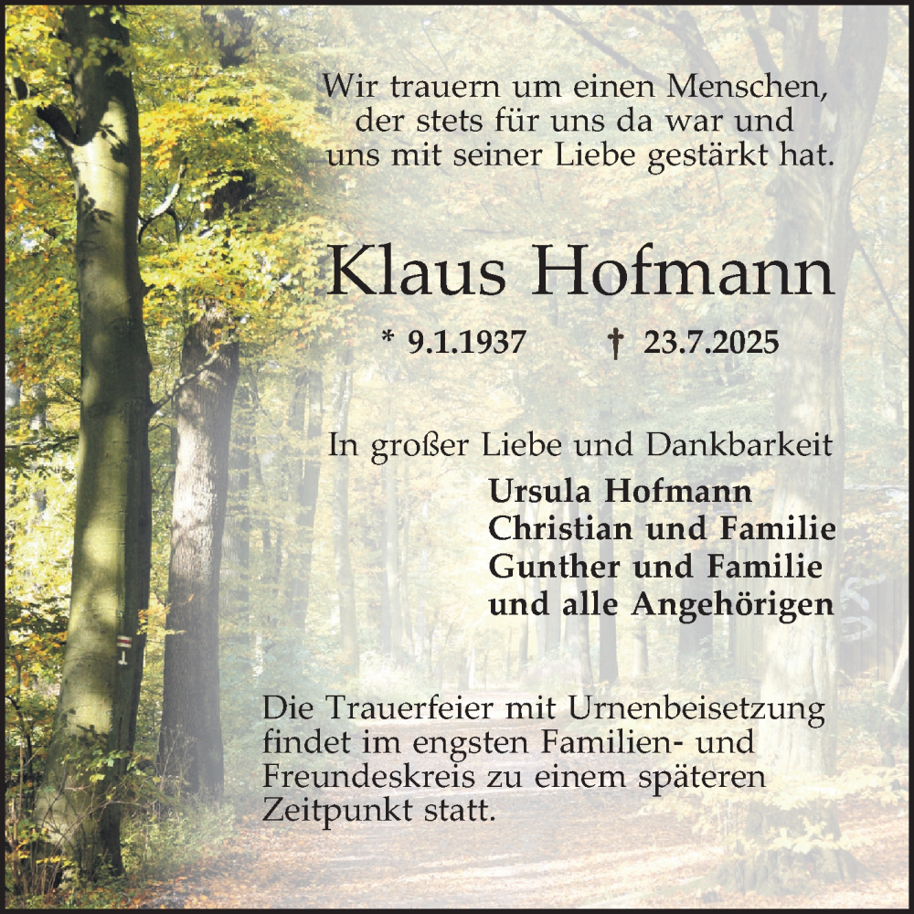  Traueranzeige für Klaus Hofmann vom 02.08.2025 aus Schwetzinger Zeitung