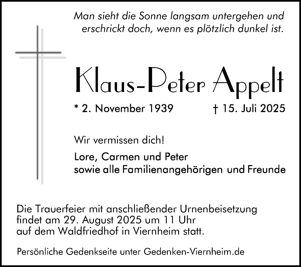  Traueranzeige für Klaus-Peter Appelt vom 23.08.2025 aus Mannheimer Morgen