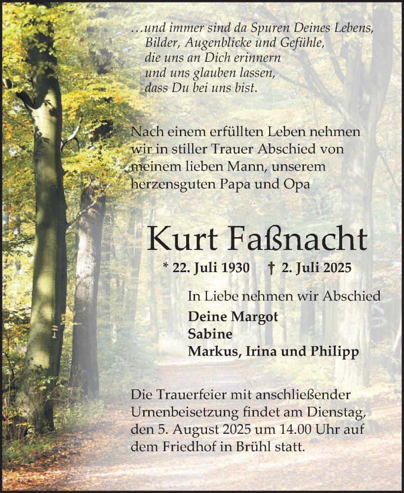  Traueranzeige für Kurt Faßnacht vom 02.08.2025 aus Schwetzinger Zeitung
