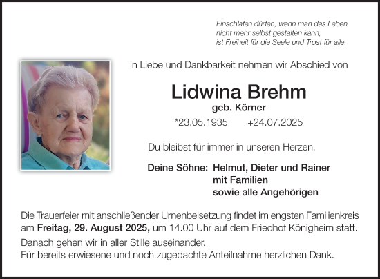 Traueranzeige von Lidwina Brehm von Fränkische Nachrichten