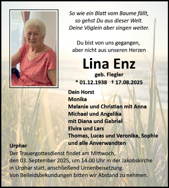 Traueranzeige von Lina Enz von Fränkische Nachrichten