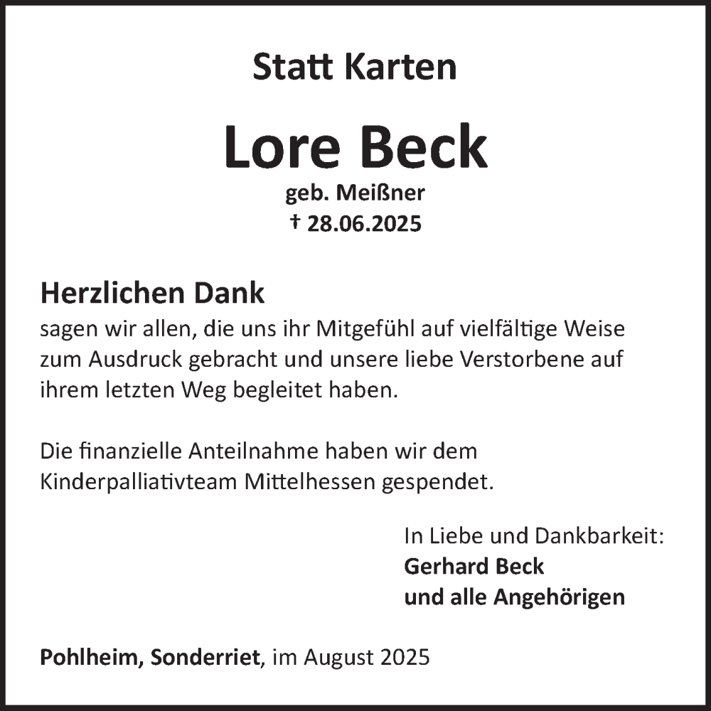  Traueranzeige für Lore Beck vom 02.08.2025 aus Fränkische Nachrichten