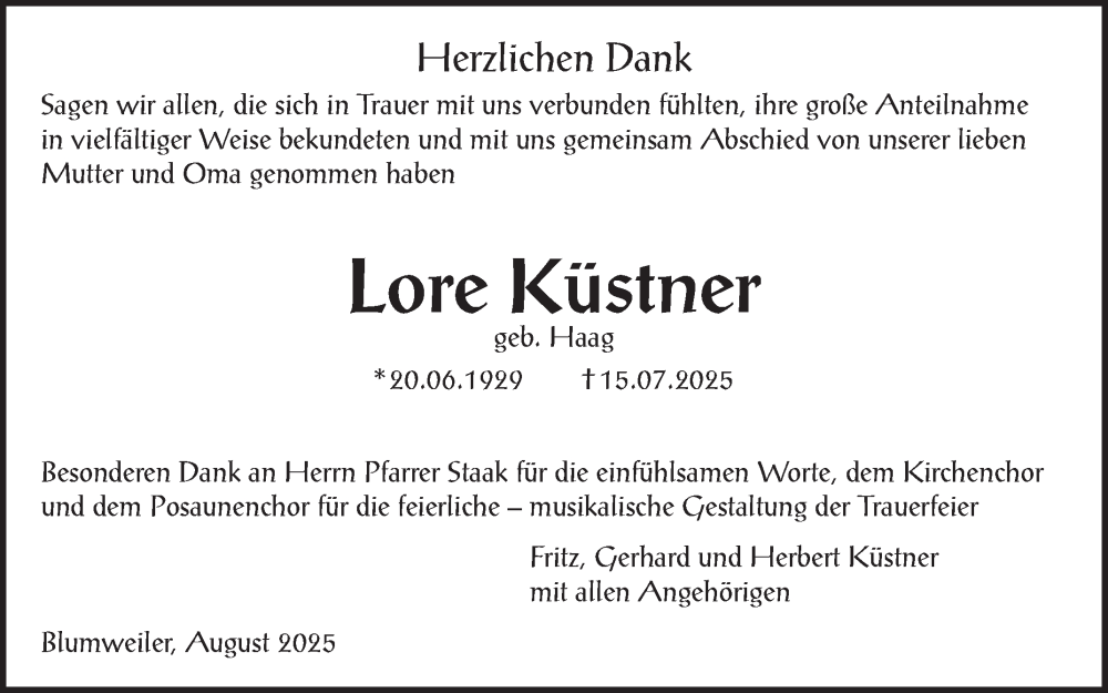  Traueranzeige für Lore Küstner vom 08.08.2025 aus Fränkische Nachrichten