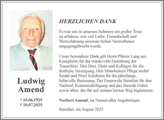 Traueranzeige von Ludwig Amend von Fränkische Nachrichten