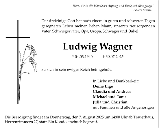 Traueranzeige von Ludwig Wagner von Fränkische Nachrichten